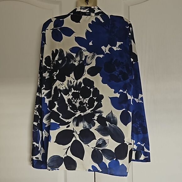 Zara Floral Button-Down Long Sleeves Shirt Large Royal Blue & White - Picture 3 of 16